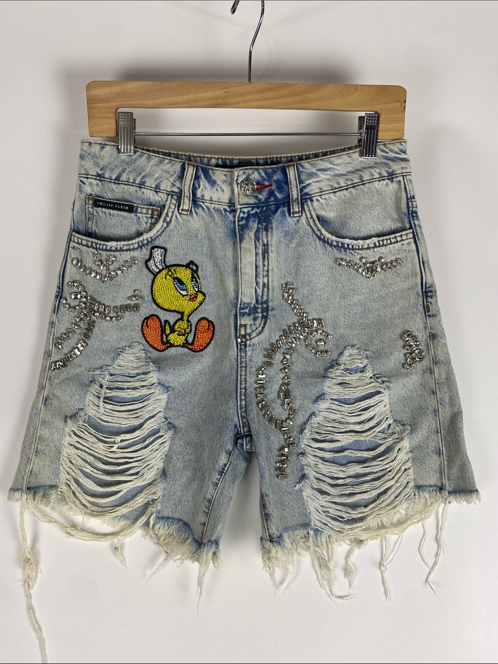 PHILIPP PLEIN Denim Shorts Looney Tunes Distressed Women’s Size 28